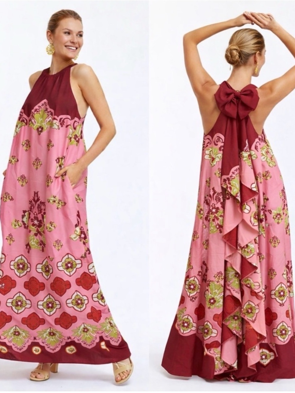 Sleeveless Pink & Burgundy Floral Halter Maxi Dress with Back Bow